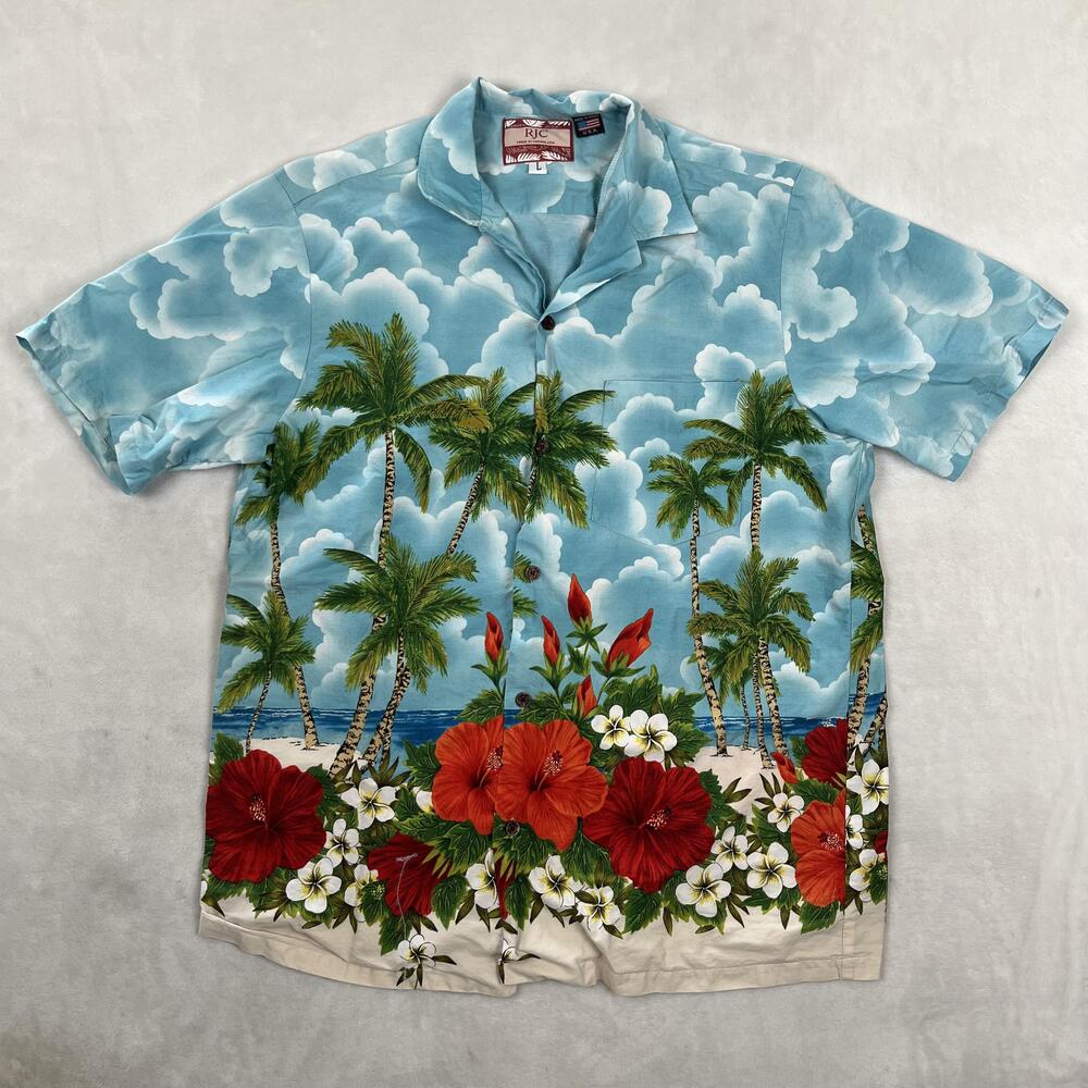Vintage RJC Shirt Mens Large Blue Hawaiian Hibiscus Palm Short Sleeve Button